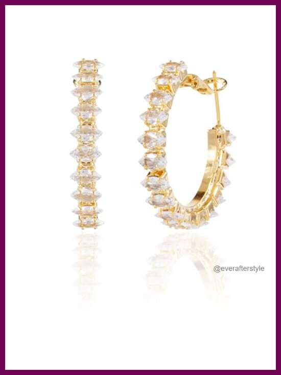 Jewelry - 14K Gold Plated Marquise CZ Hoop Earrings 30MM Leaf